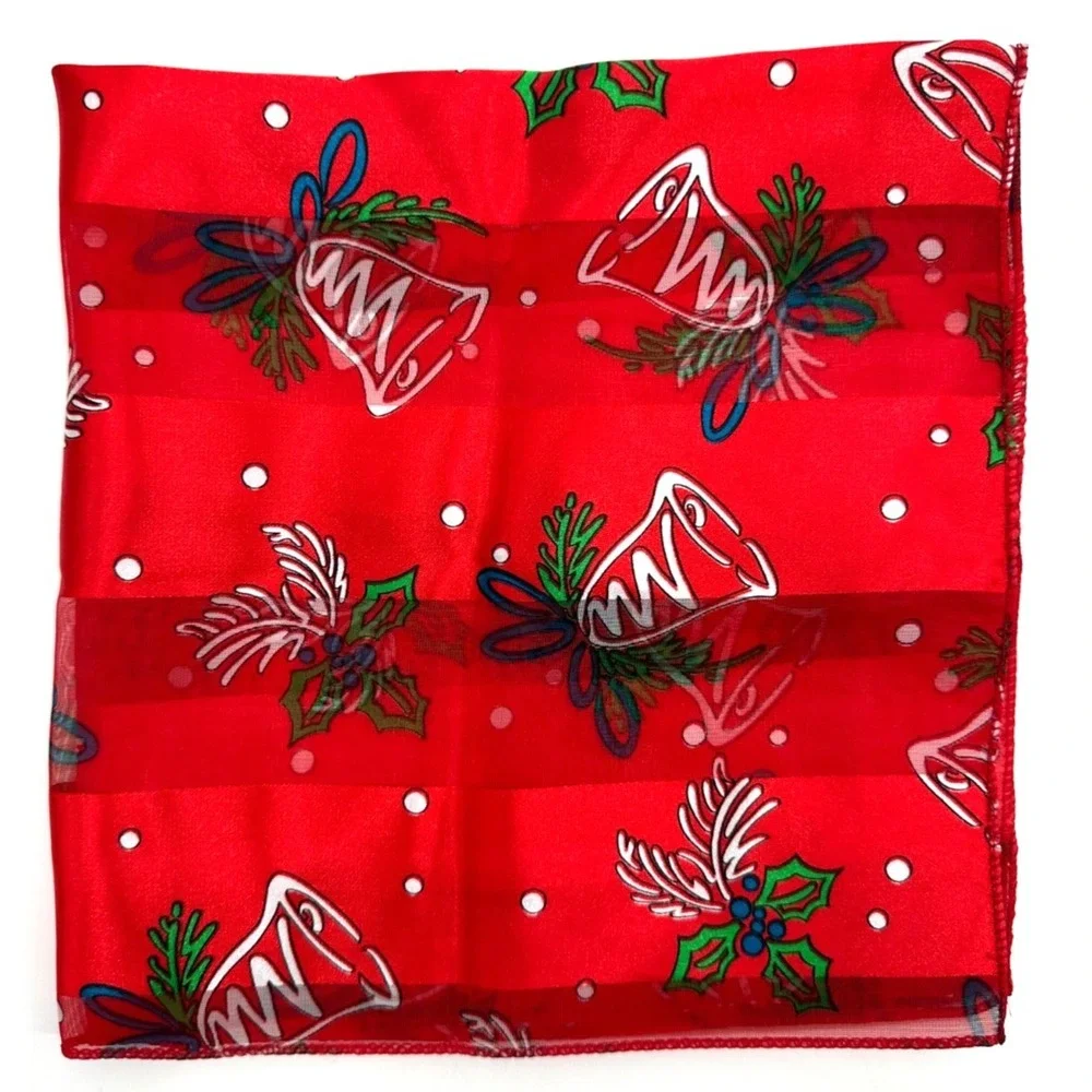 Classic Womens Red Tone‎ On Tone Stripe Holiday Silver Bells Square Scarf Korea